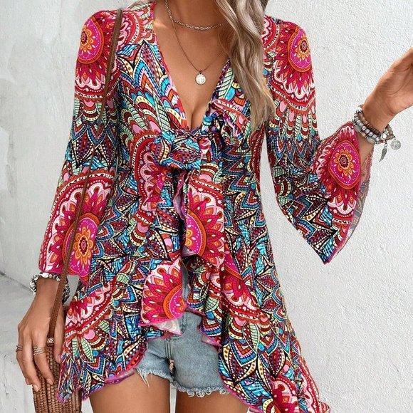 . Tops - Red Boho Womens Mandala Print Flare Sleeve Ruffle Hem Blouse